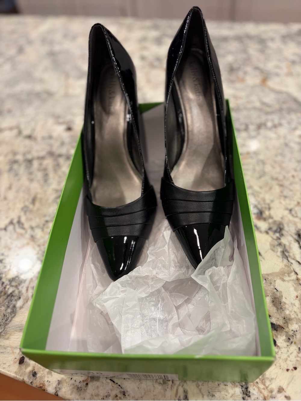 Black Patent Pointed-Toe Heels with Pleated Band Accent